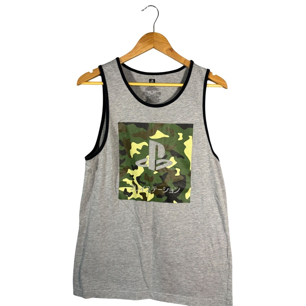 PlayStation Mens Tank Top Gray Camo Logo Japanese Text Ringer Sleeveless‎ M